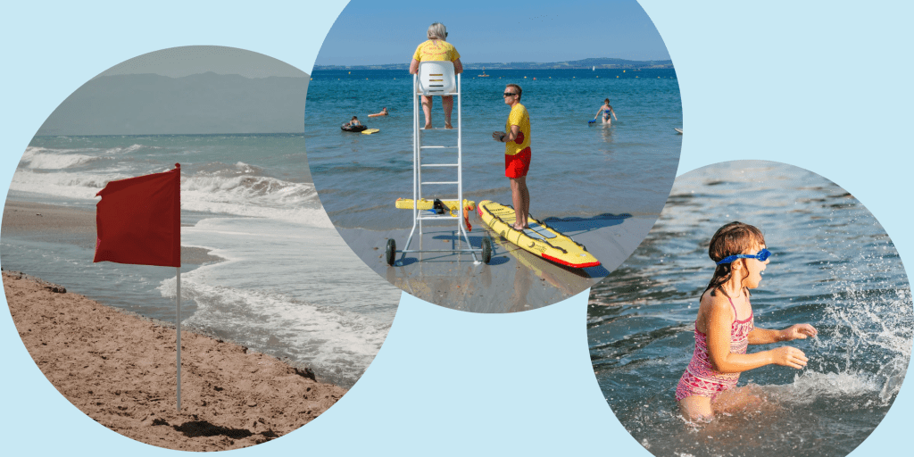 A red flag on a beach, a lifeguard and a girl playing in water