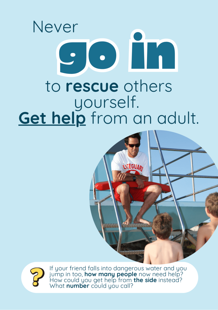 Text: never go in to rescue others yourself, get help from an adult