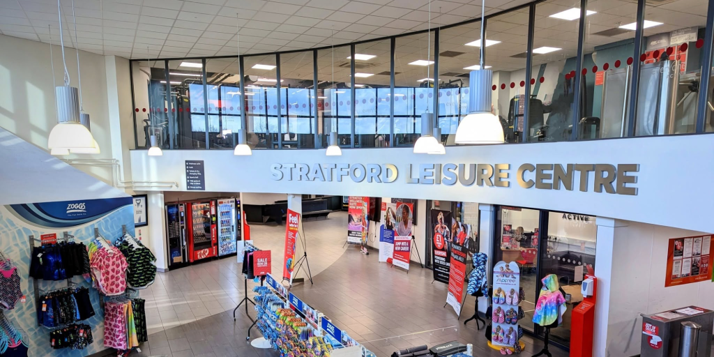 A sign reads Stratford Leisure Centre