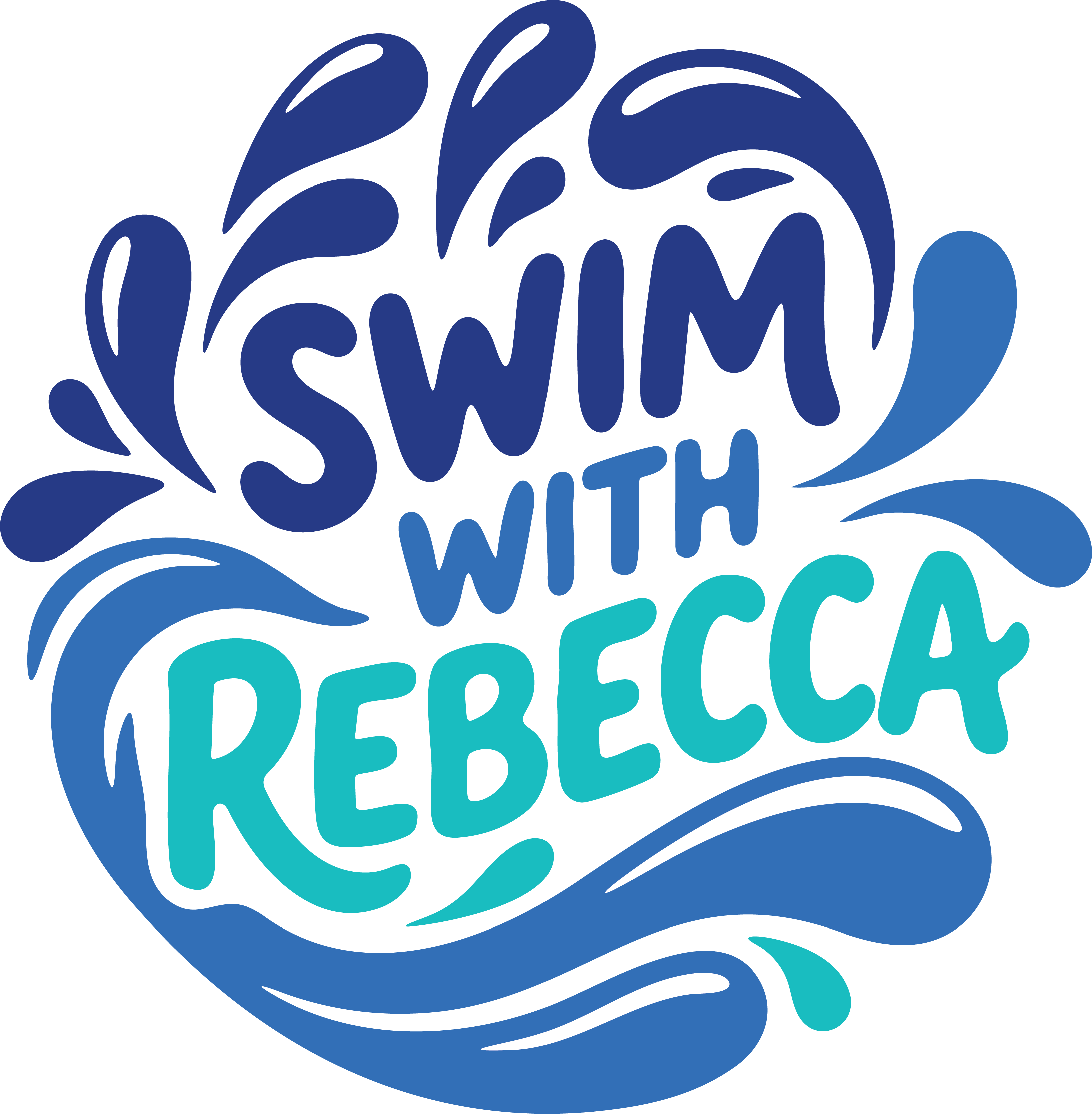 Logo reads Swim with Rebecca and is surrounded by water splashes
