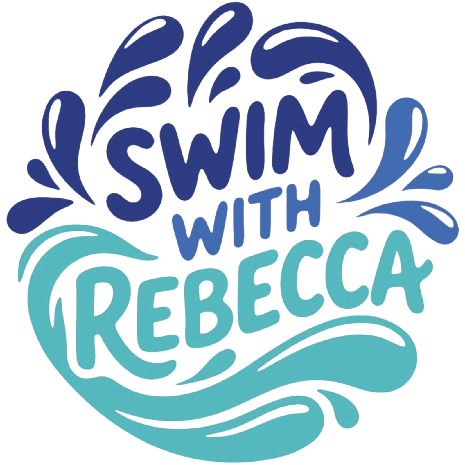 Logo reads Swim with Rebecca and is surrounded by water splashes